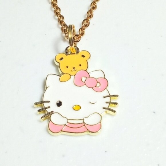 Hello Kitty White Pink Teddy Bear Gold Plated Pendant Necklace New - Picture 1 of 4